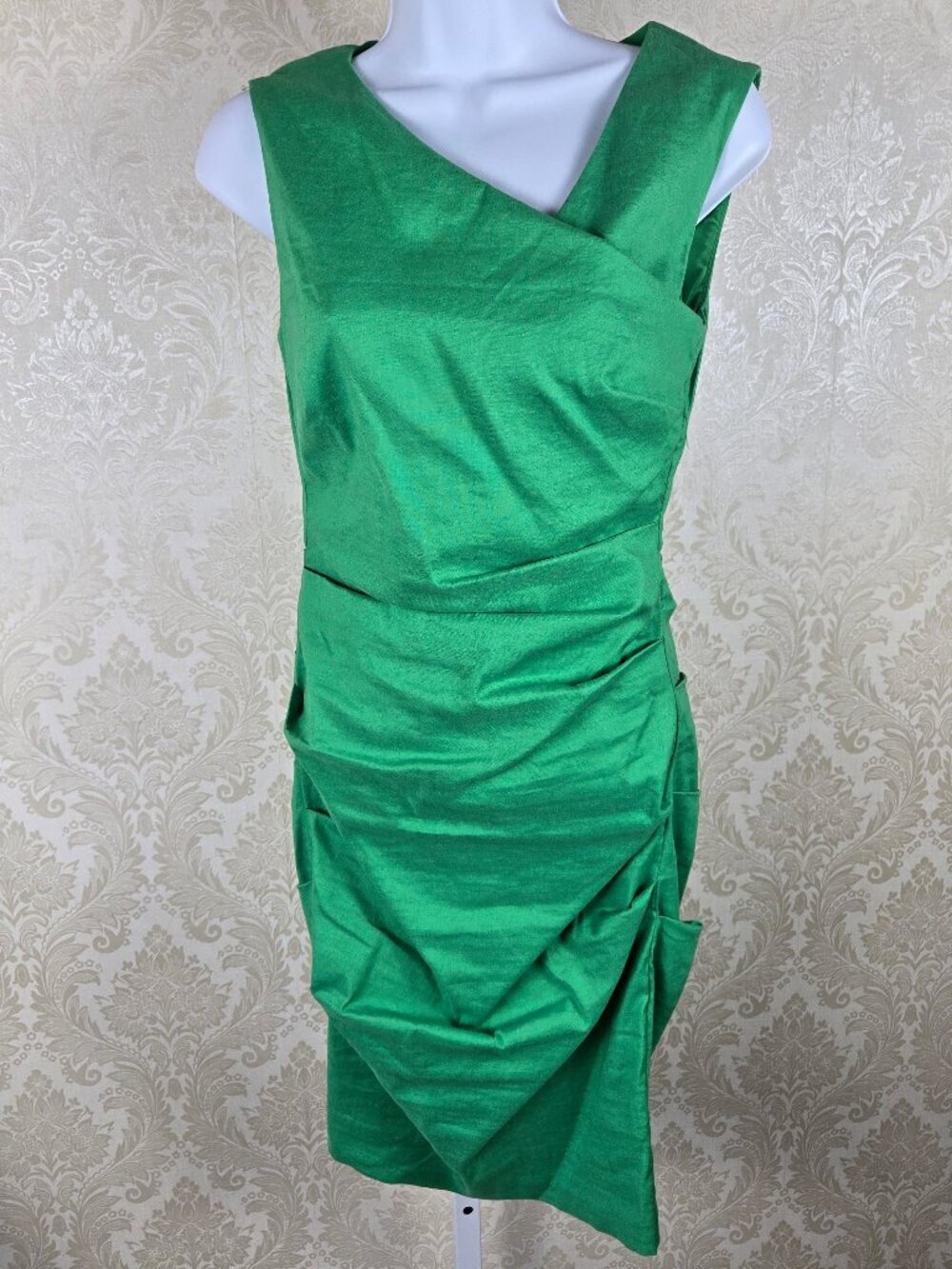 Artelier by Nicole Miller Sz 2 Green Ruched Sheath Dress Linen Blend Sleeveless